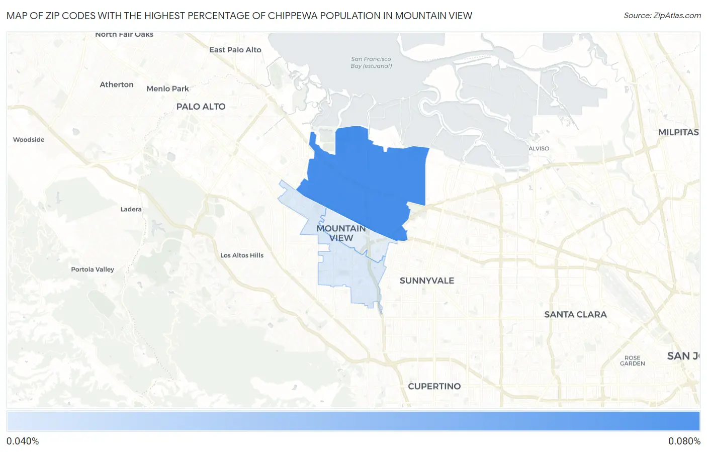 Zip Codes with the Highest Percentage of Chippewa Population in Mountain View Map