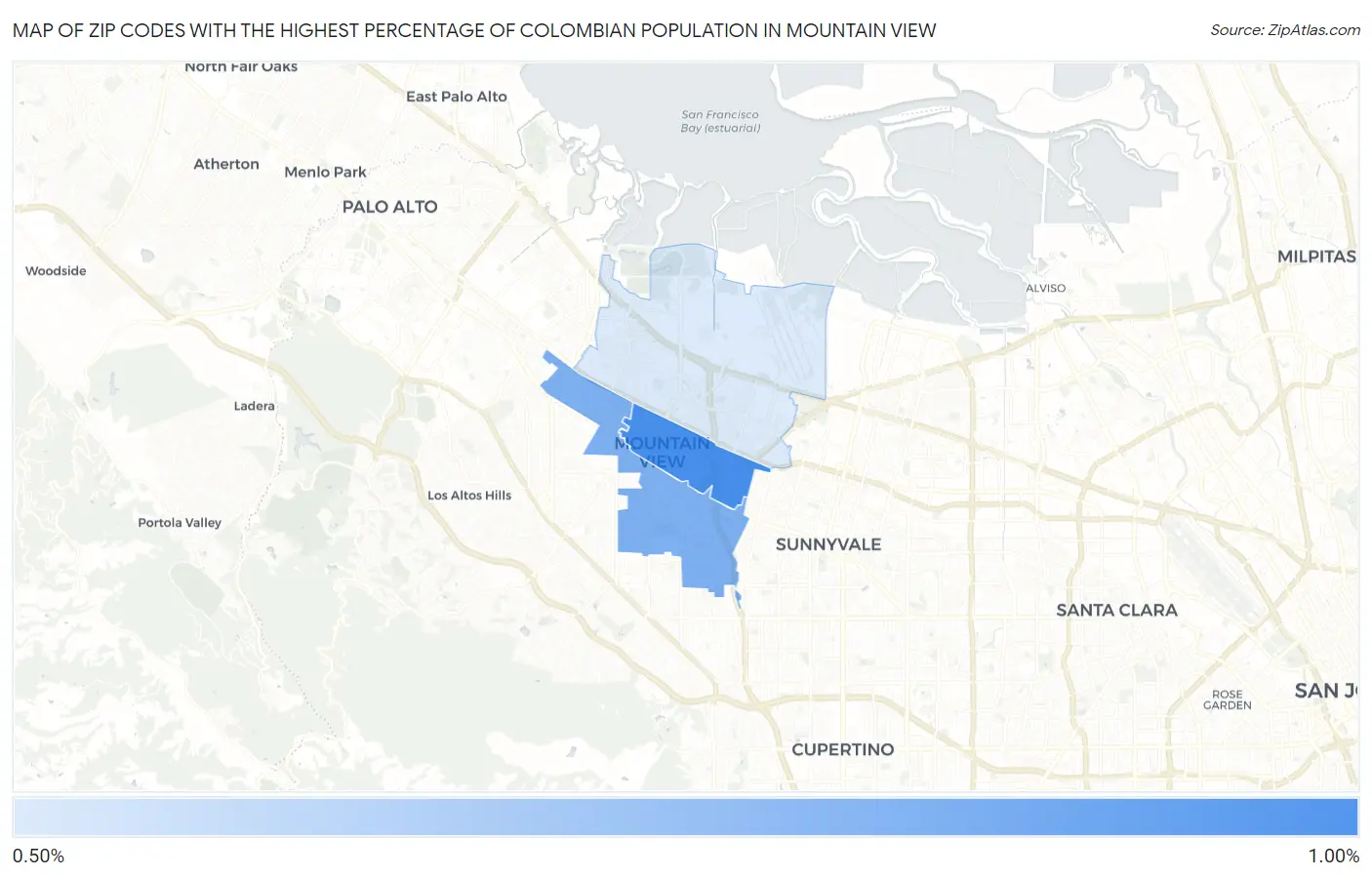 Zip Codes with the Highest Percentage of Colombian Population in Mountain View Map