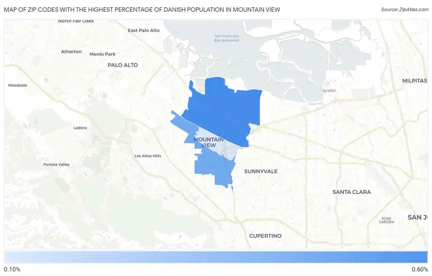 Zip Codes with the Highest Percentage of Danish Population in Mountain View Map