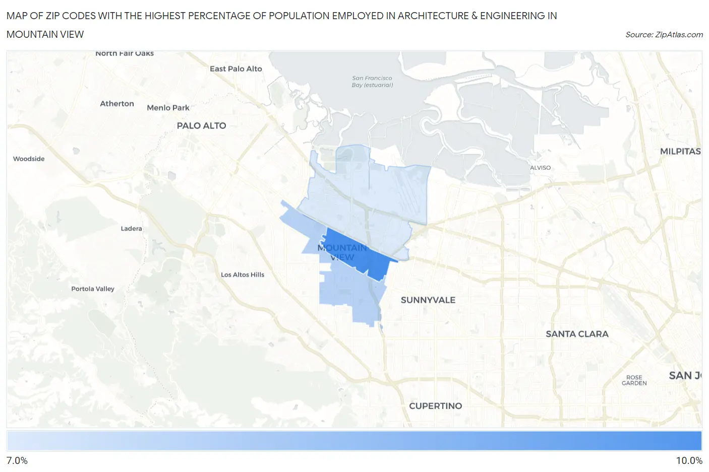 Zip Codes with the Highest Percentage of Population Employed in Architecture & Engineering in Mountain View Map