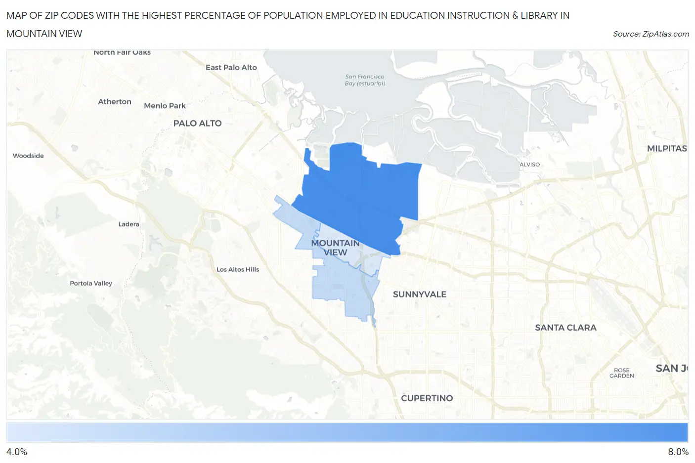 Zip Codes with the Highest Percentage of Population Employed in Education Instruction & Library in Mountain View Map