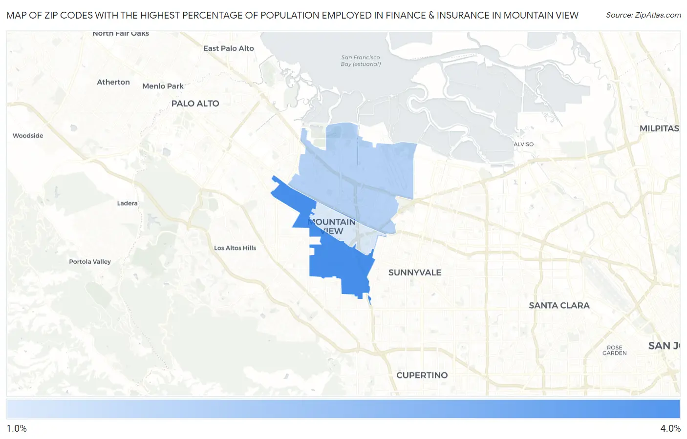 Zip Codes with the Highest Percentage of Population Employed in Finance & Insurance in Mountain View Map