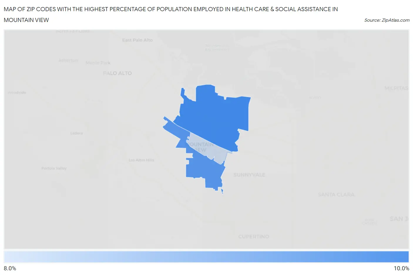 Zip Codes with the Highest Percentage of Population Employed in Health Care & Social Assistance in Mountain View Map