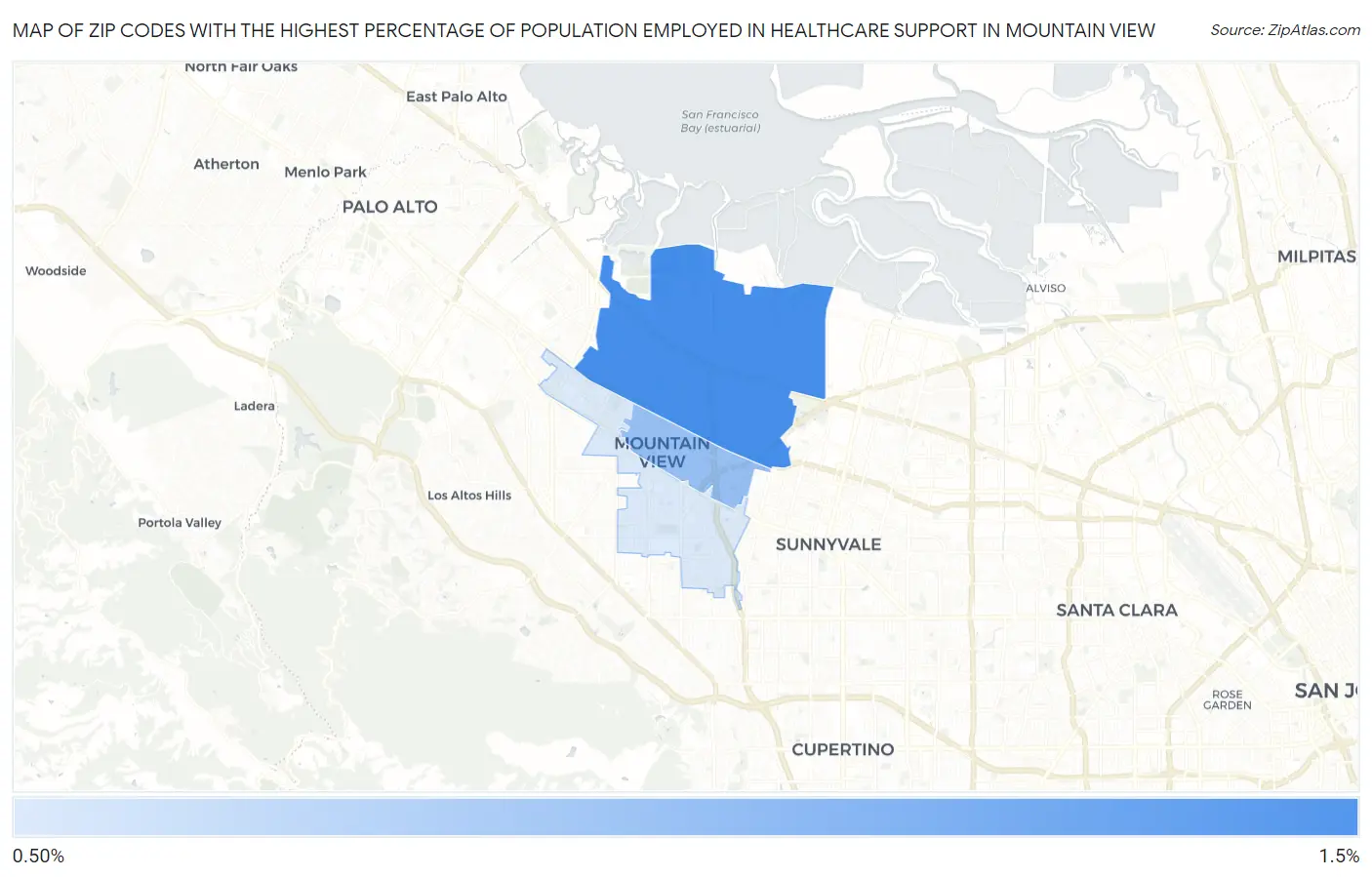 Zip Codes with the Highest Percentage of Population Employed in Healthcare Support in Mountain View Map