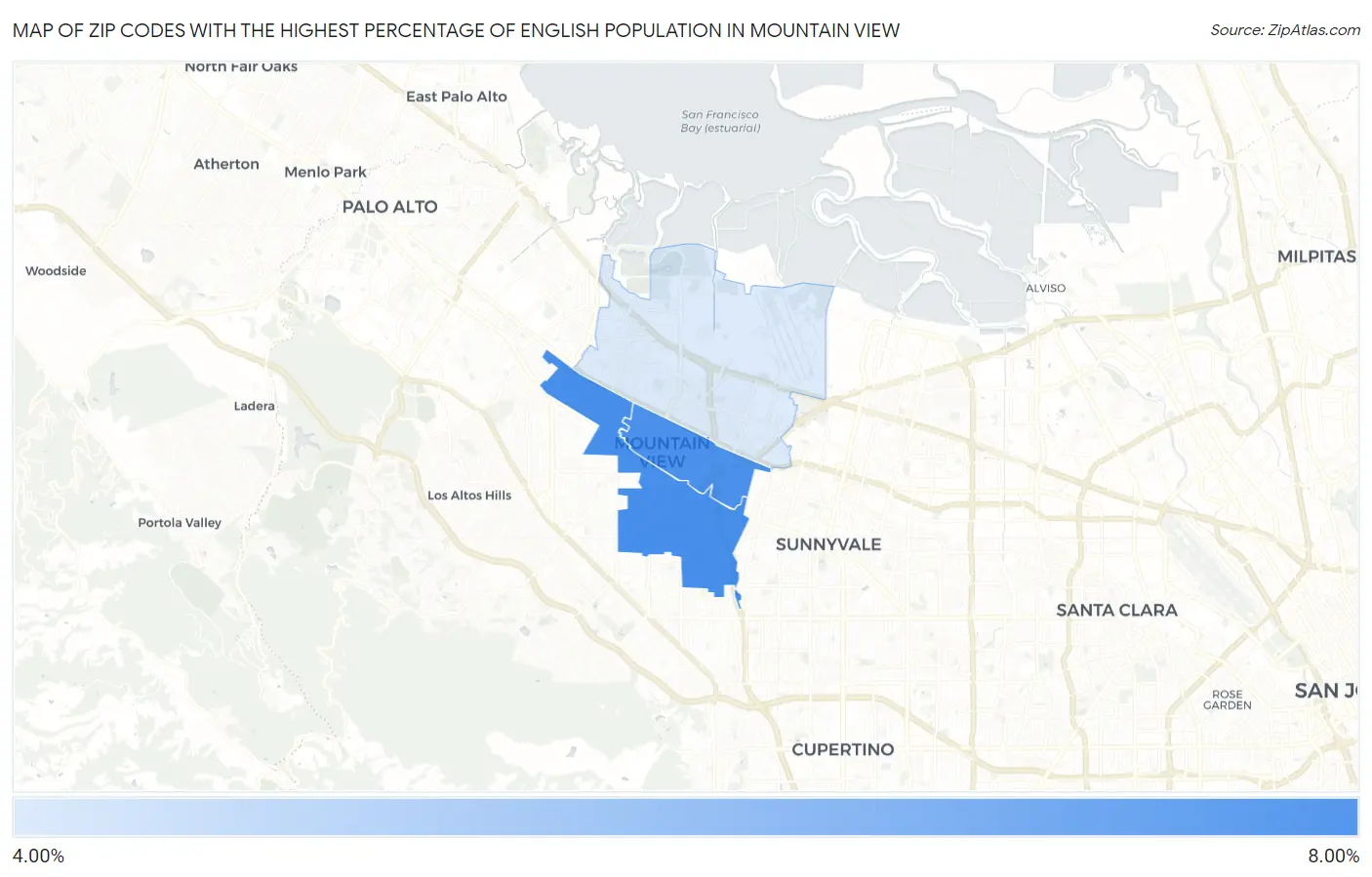 Zip Codes with the Highest Percentage of English Population in Mountain View Map