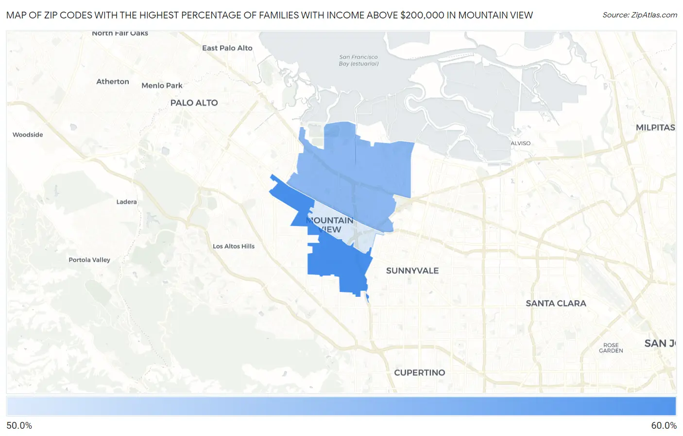 Zip Codes with the Highest Percentage of Families with Income Above $200,000 in Mountain View Map