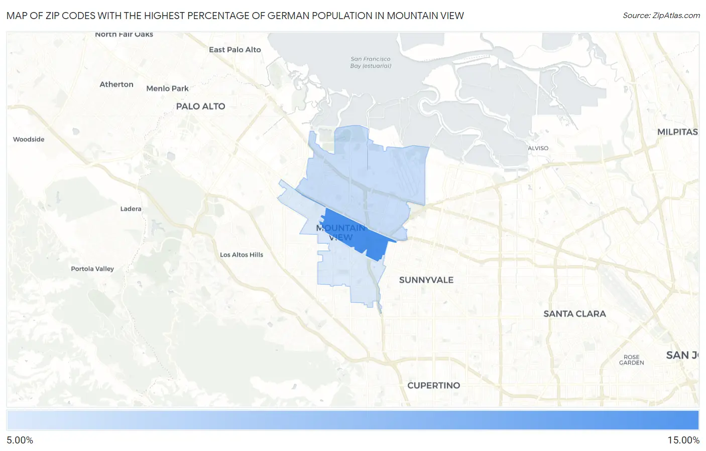 Zip Codes with the Highest Percentage of German Population in Mountain View Map