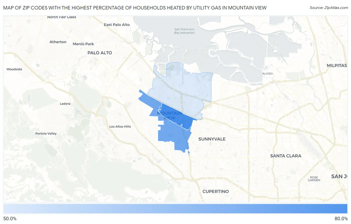 Zip Codes with the Highest Percentage of Households Heated by Utility Gas in Mountain View Map
