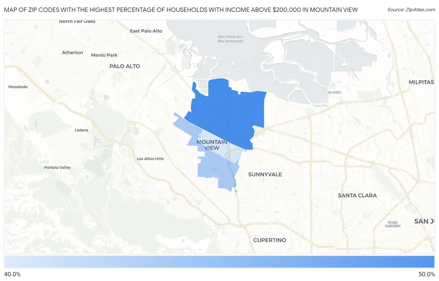 Zip Codes with the Highest Percentage of Households with Income Above $200,000 in Mountain View Map