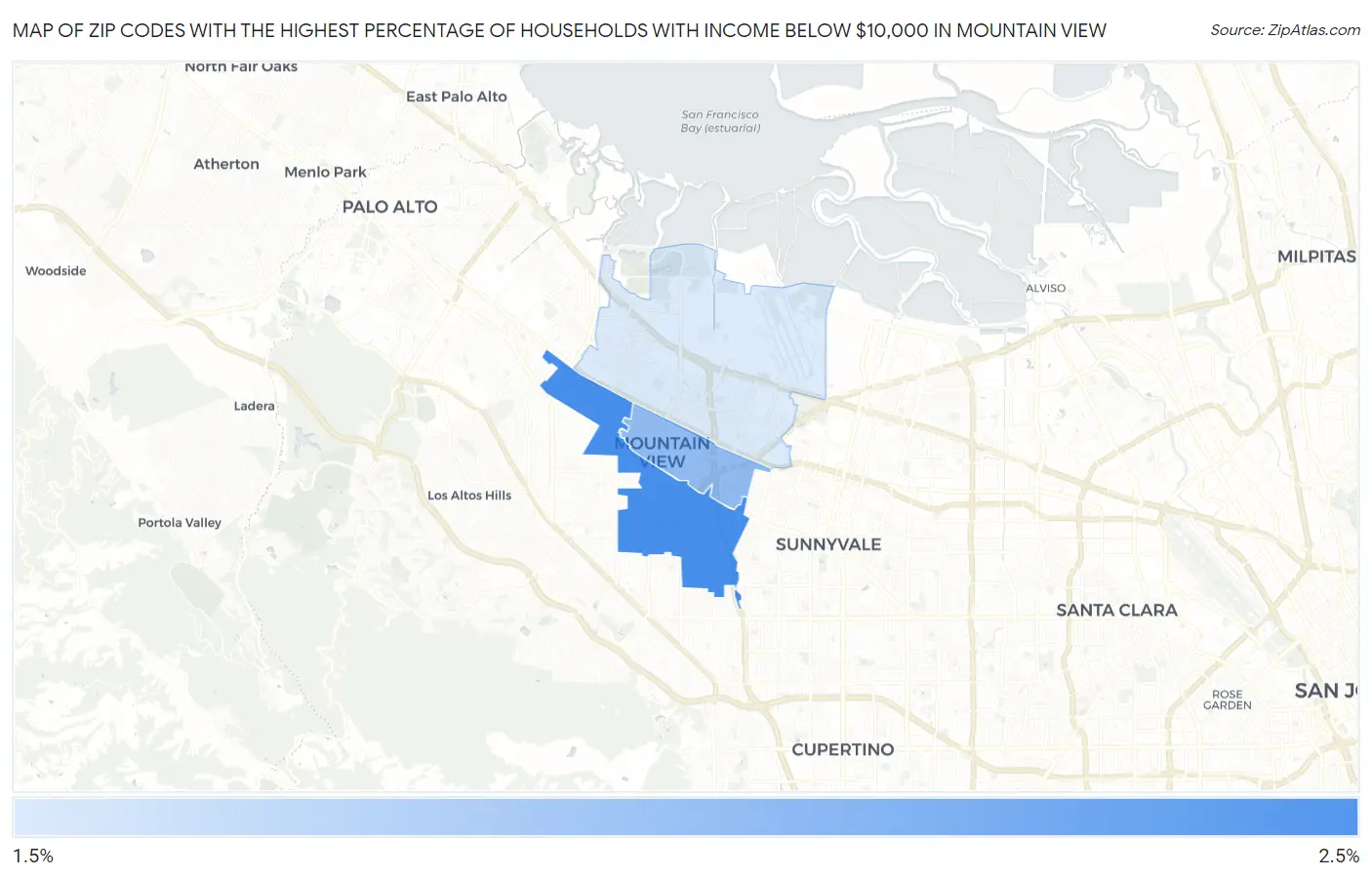 Zip Codes with the Highest Percentage of Households with Income Below $10,000 in Mountain View Map