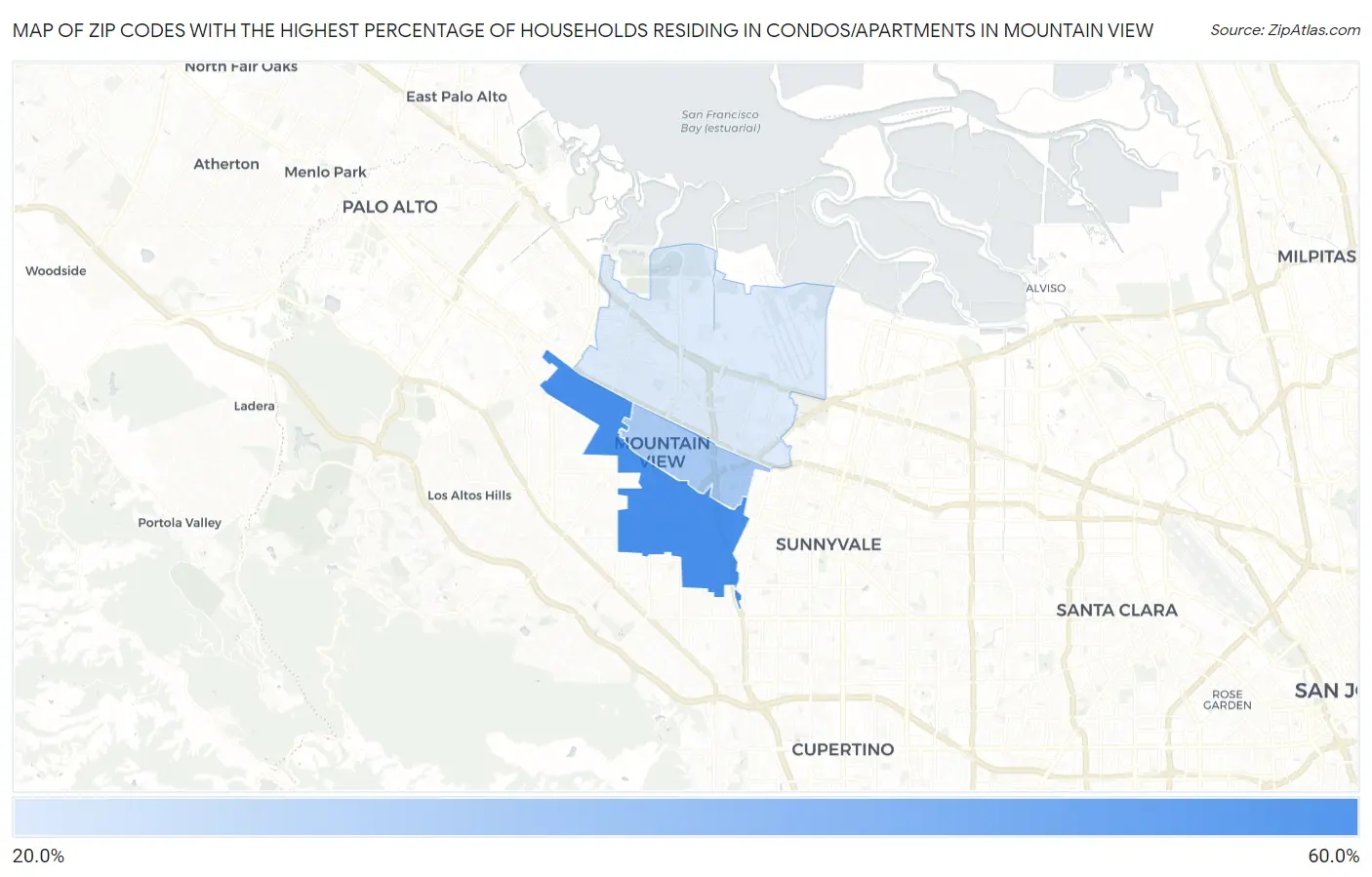 Zip Codes with the Highest Percentage of Households Residing in Condos/Apartments in Mountain View Map