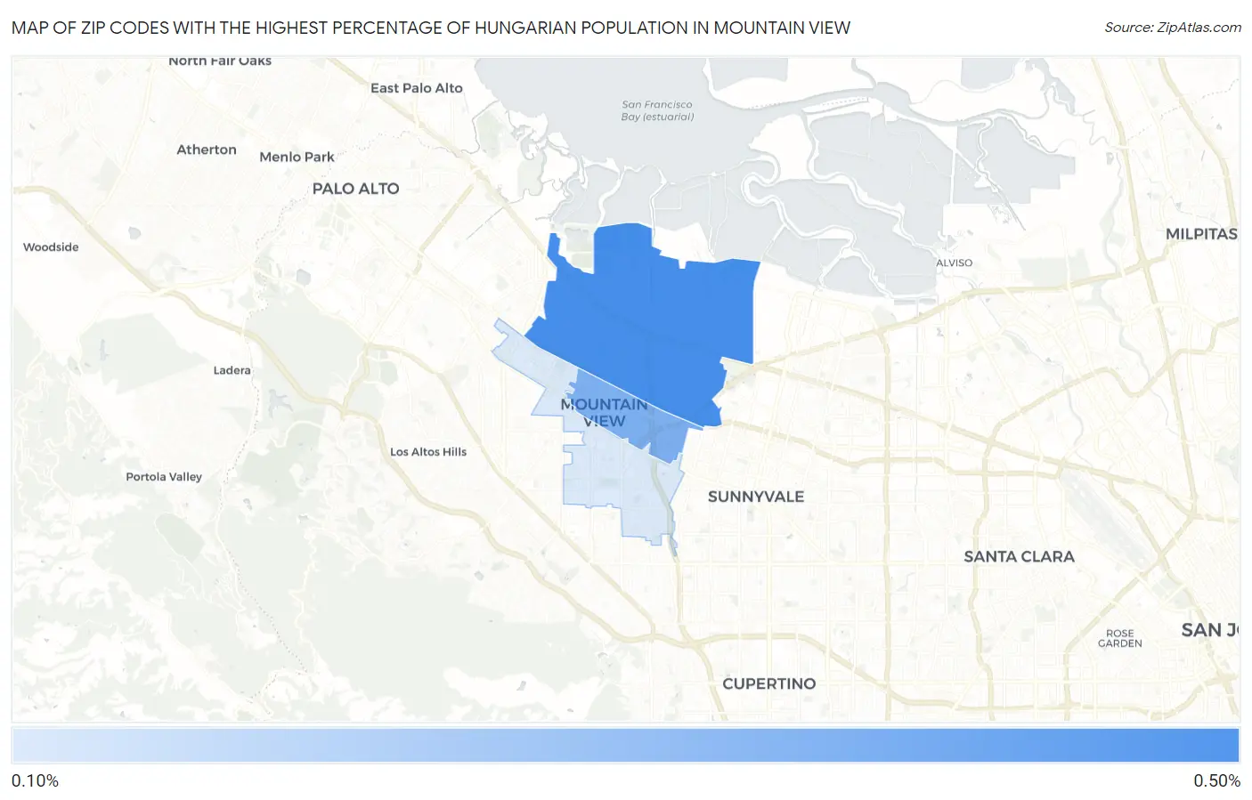 Zip Codes with the Highest Percentage of Hungarian Population in Mountain View Map