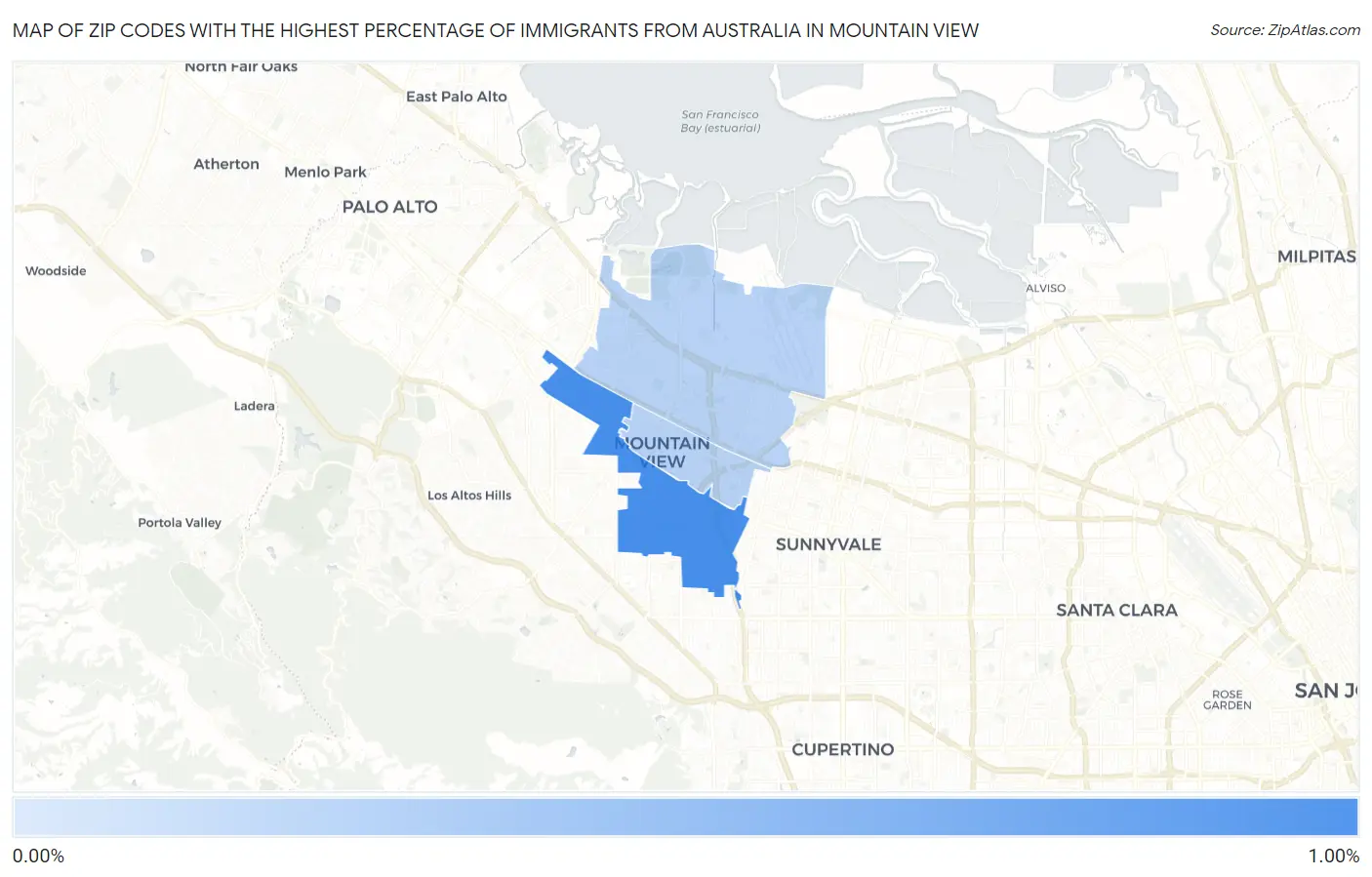 Zip Codes with the Highest Percentage of Immigrants from Australia in Mountain View Map