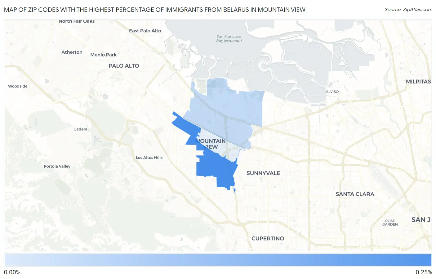 Zip Codes with the Highest Percentage of Immigrants from Belarus in Mountain View Map