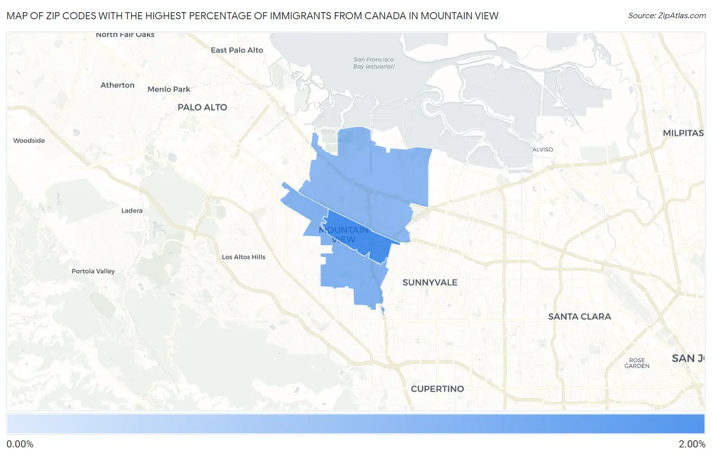 Zip Codes with the Highest Percentage of Immigrants from Canada in Mountain View Map