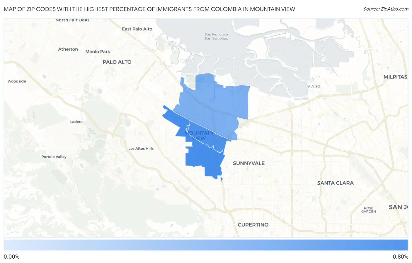 Zip Codes with the Highest Percentage of Immigrants from Colombia in Mountain View Map