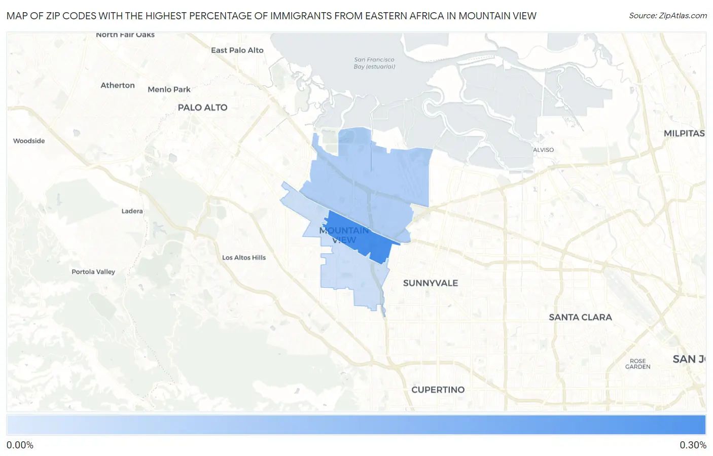 Zip Codes with the Highest Percentage of Immigrants from Eastern Africa in Mountain View Map