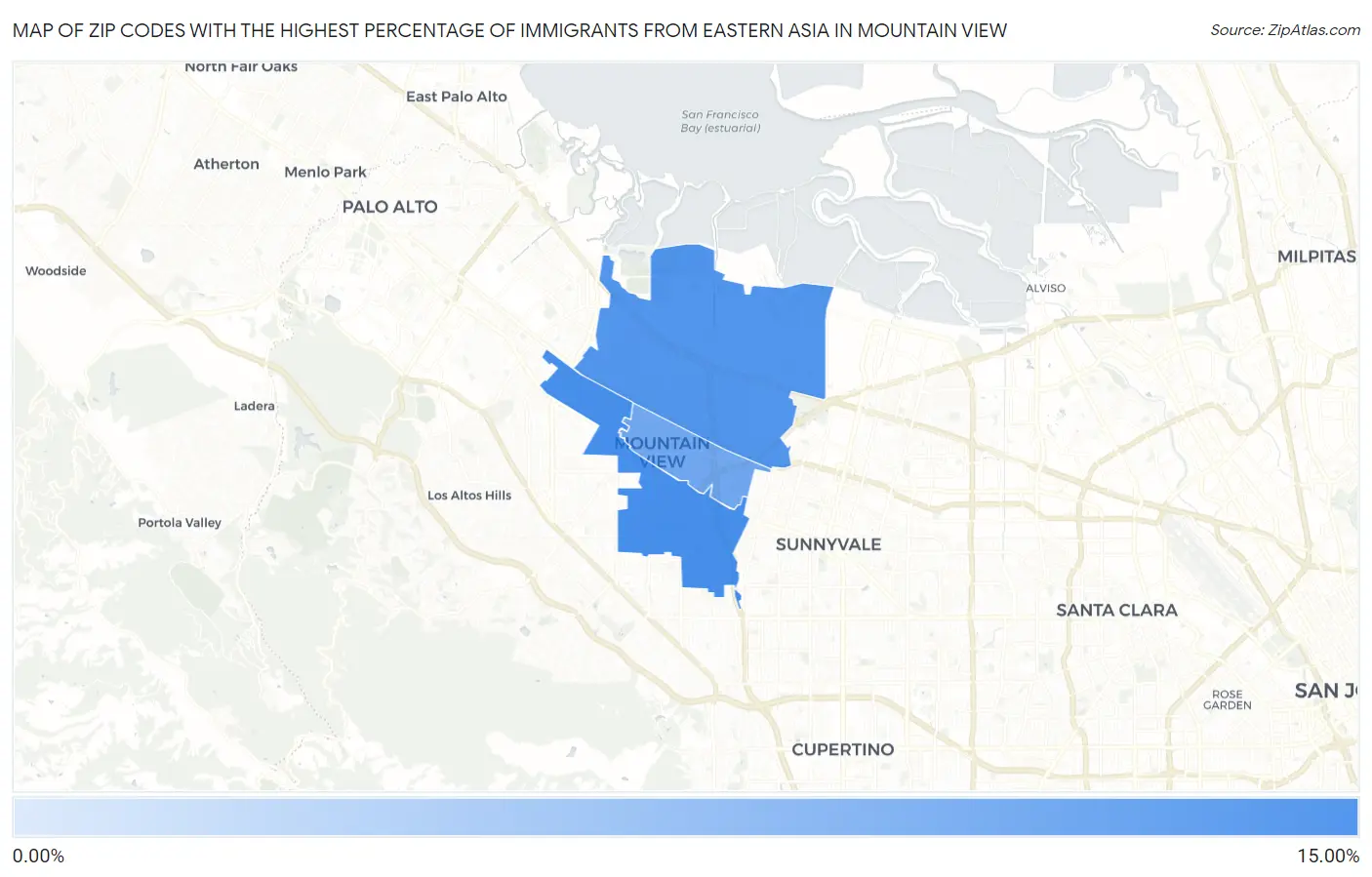 Zip Codes with the Highest Percentage of Immigrants from Eastern Asia in Mountain View Map