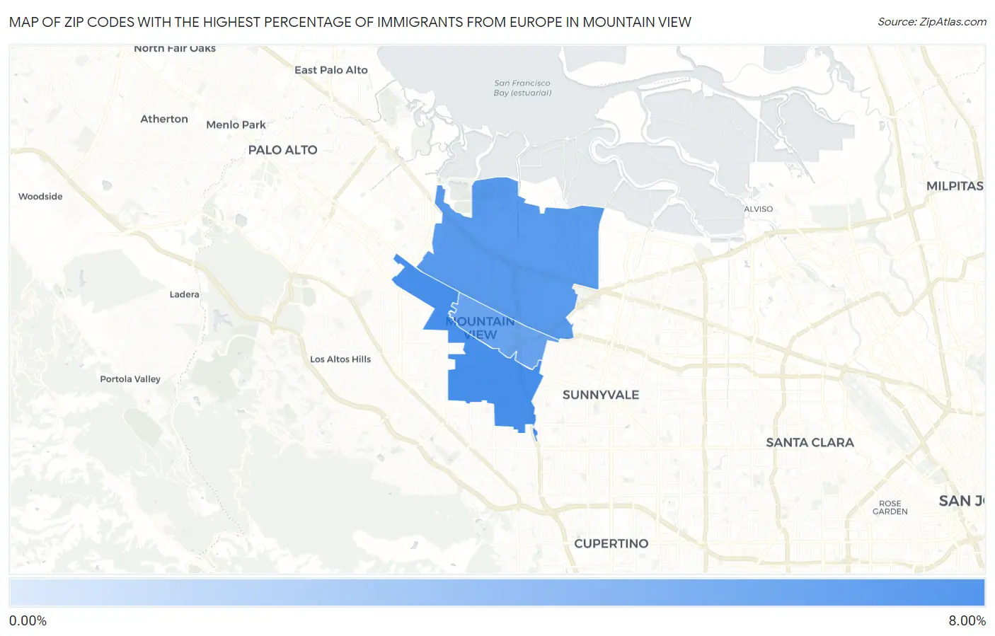Zip Codes with the Highest Percentage of Immigrants from Europe in Mountain View Map