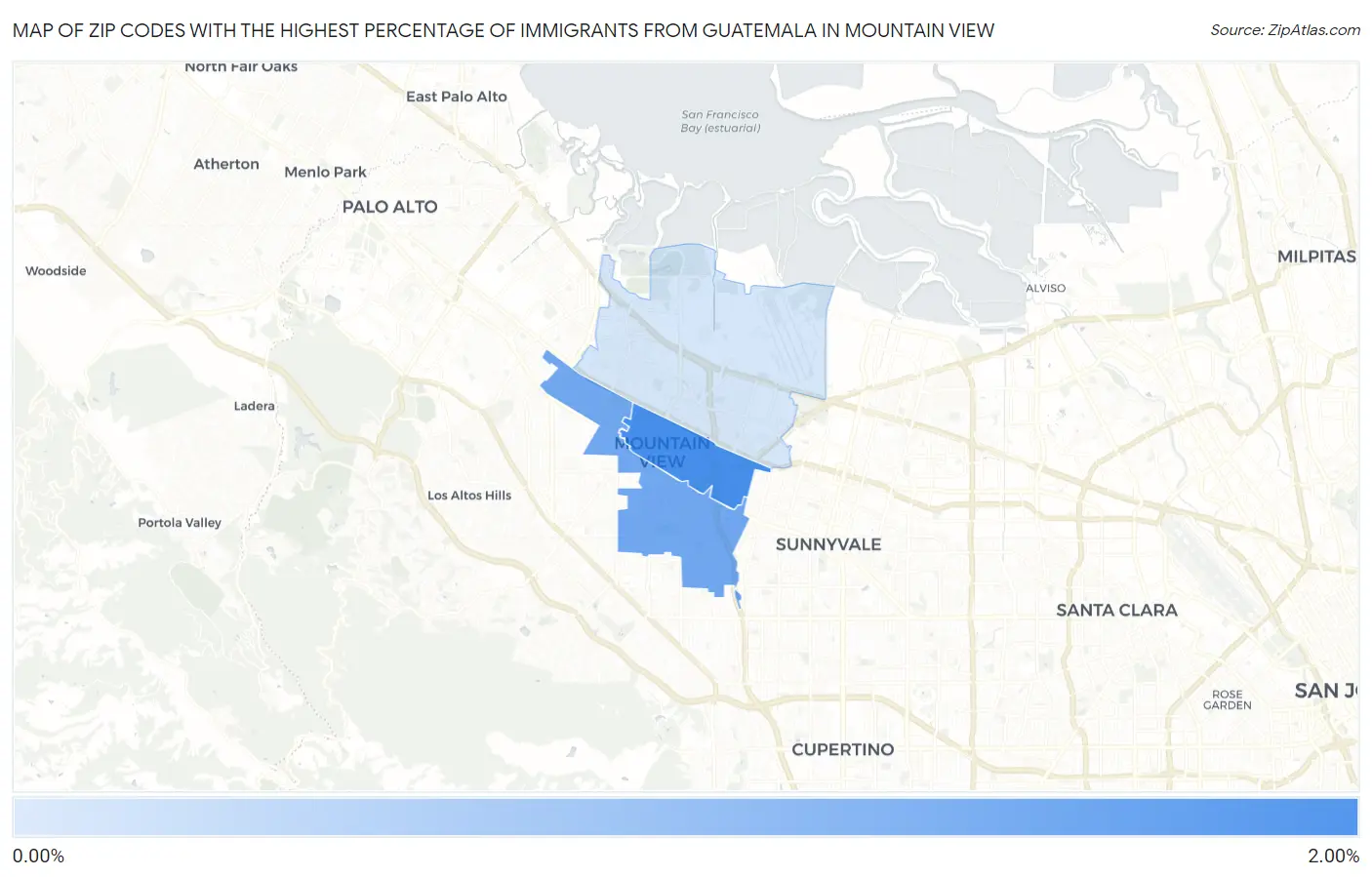 Zip Codes with the Highest Percentage of Immigrants from Guatemala in Mountain View Map