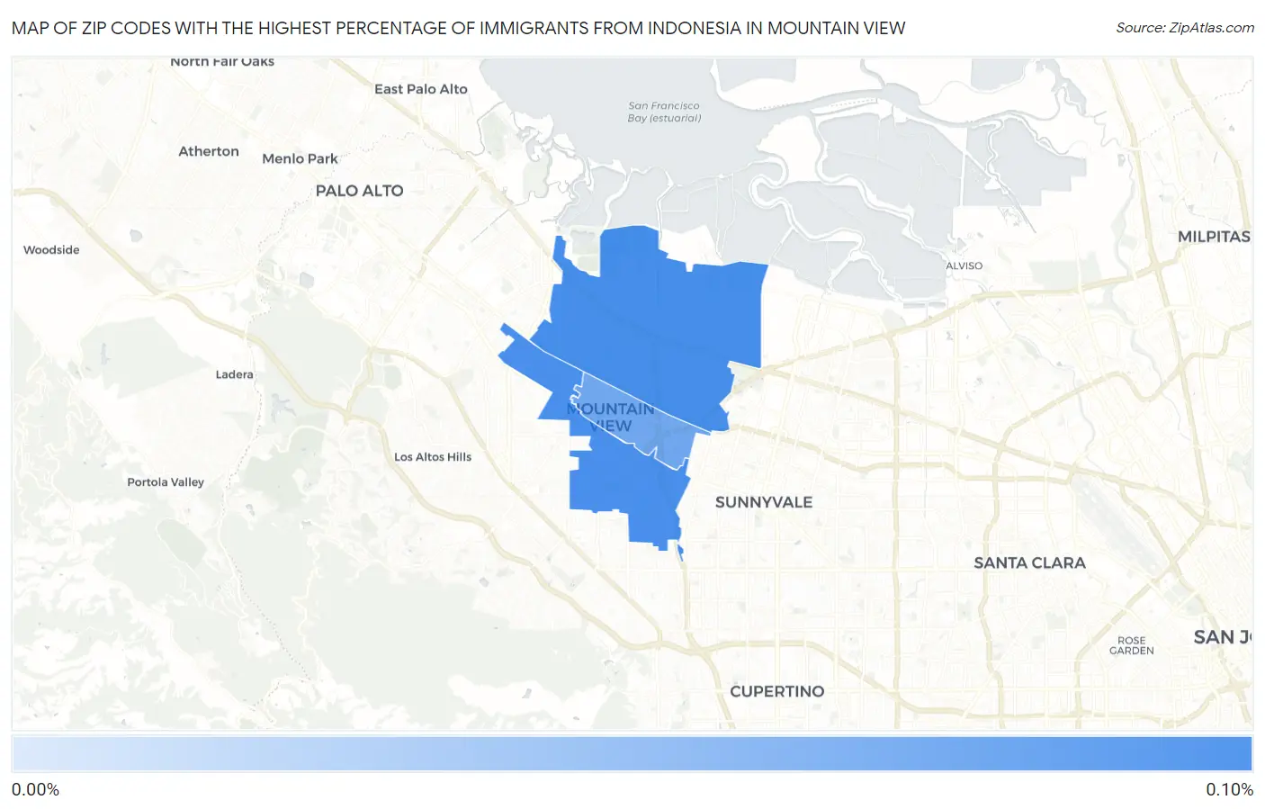 Zip Codes with the Highest Percentage of Immigrants from Indonesia in Mountain View Map