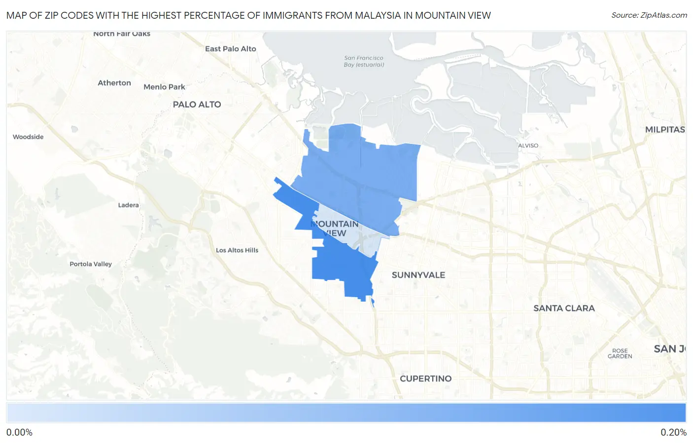 Zip Codes with the Highest Percentage of Immigrants from Malaysia in Mountain View Map