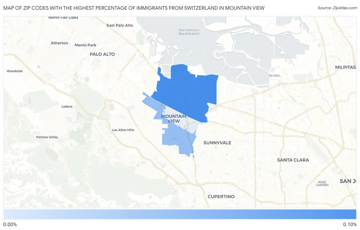 Zip Codes with the Highest Percentage of Immigrants from Switzerland in Mountain View Map