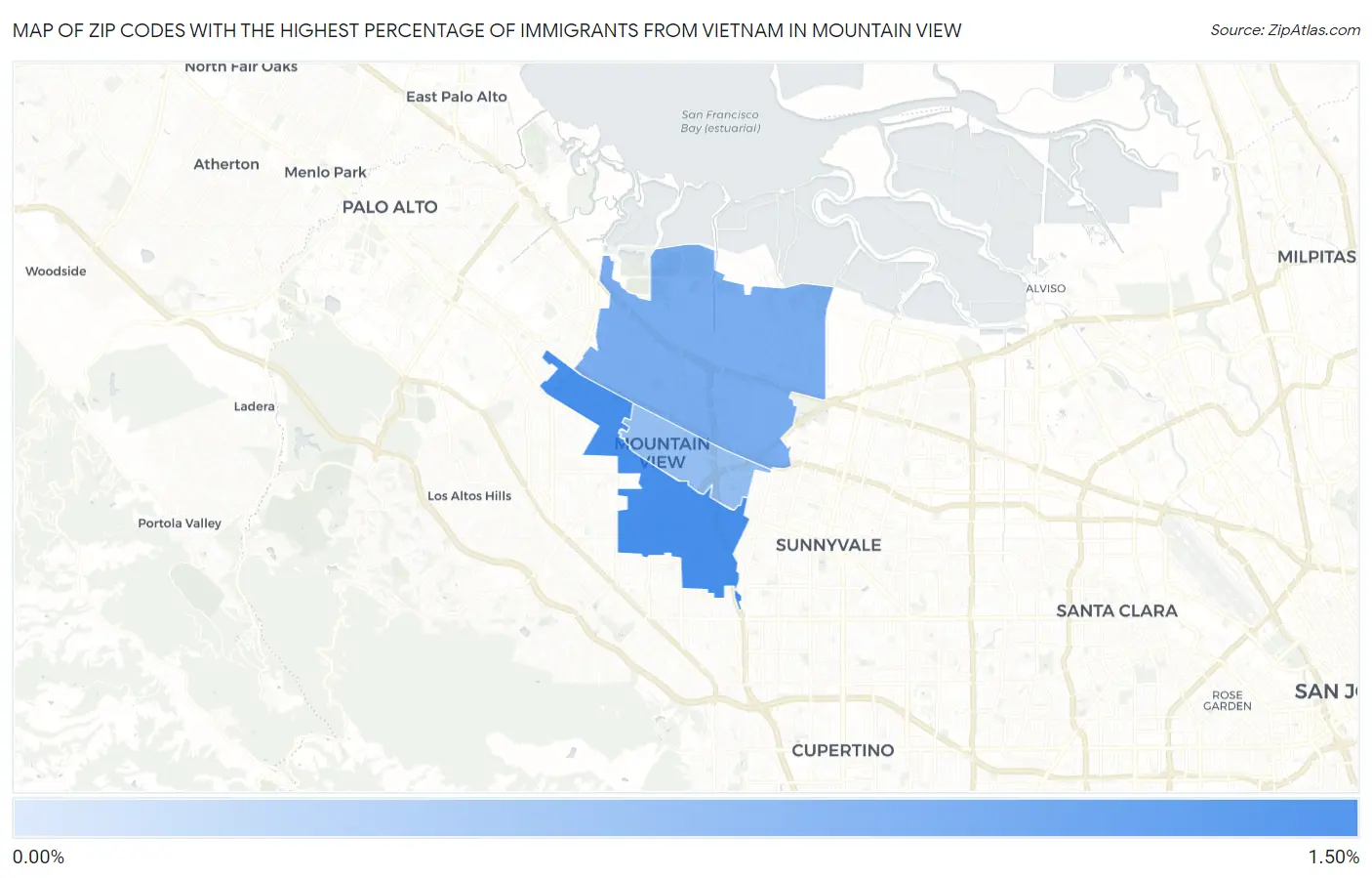 Zip Codes with the Highest Percentage of Immigrants from Vietnam in Mountain View Map