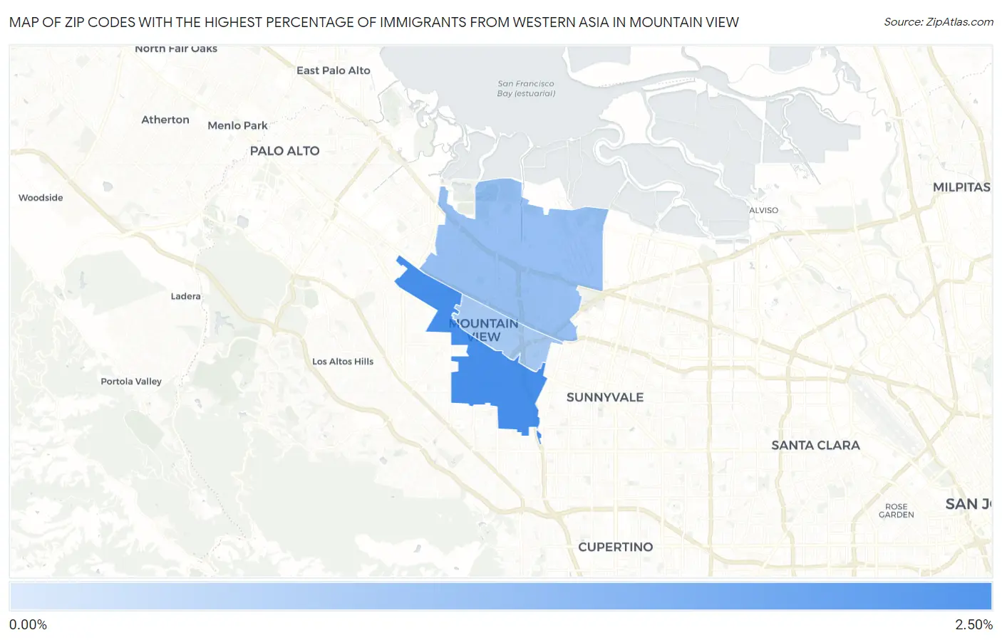 Zip Codes with the Highest Percentage of Immigrants from Western Asia in Mountain View Map