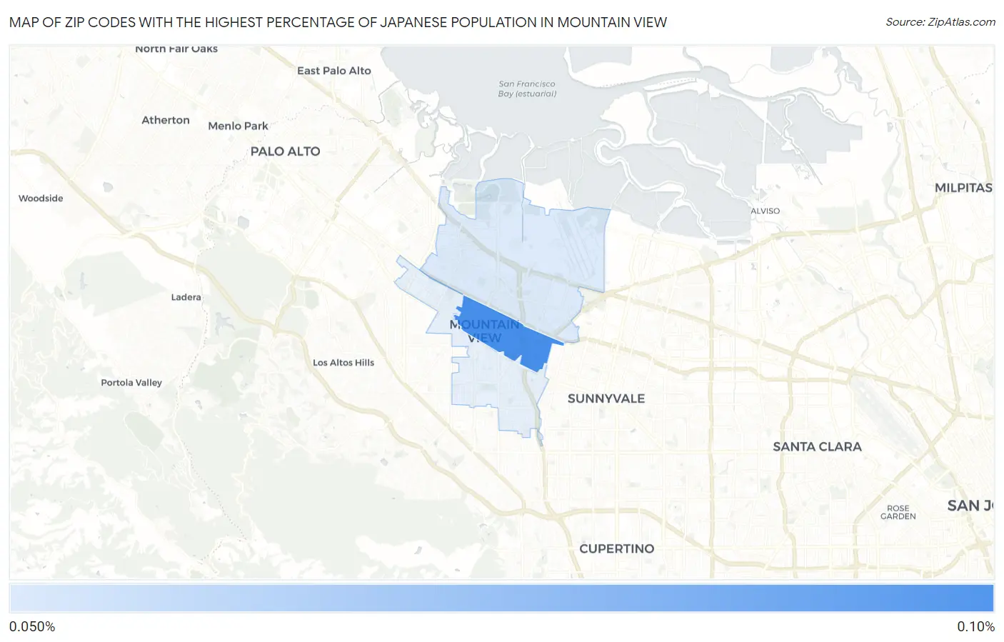 Zip Codes with the Highest Percentage of Japanese Population in Mountain View Map