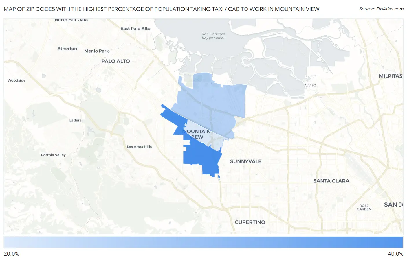 Zip Codes with the Highest Percentage of Population Taking Taxi / Cab to Work in Mountain View Map