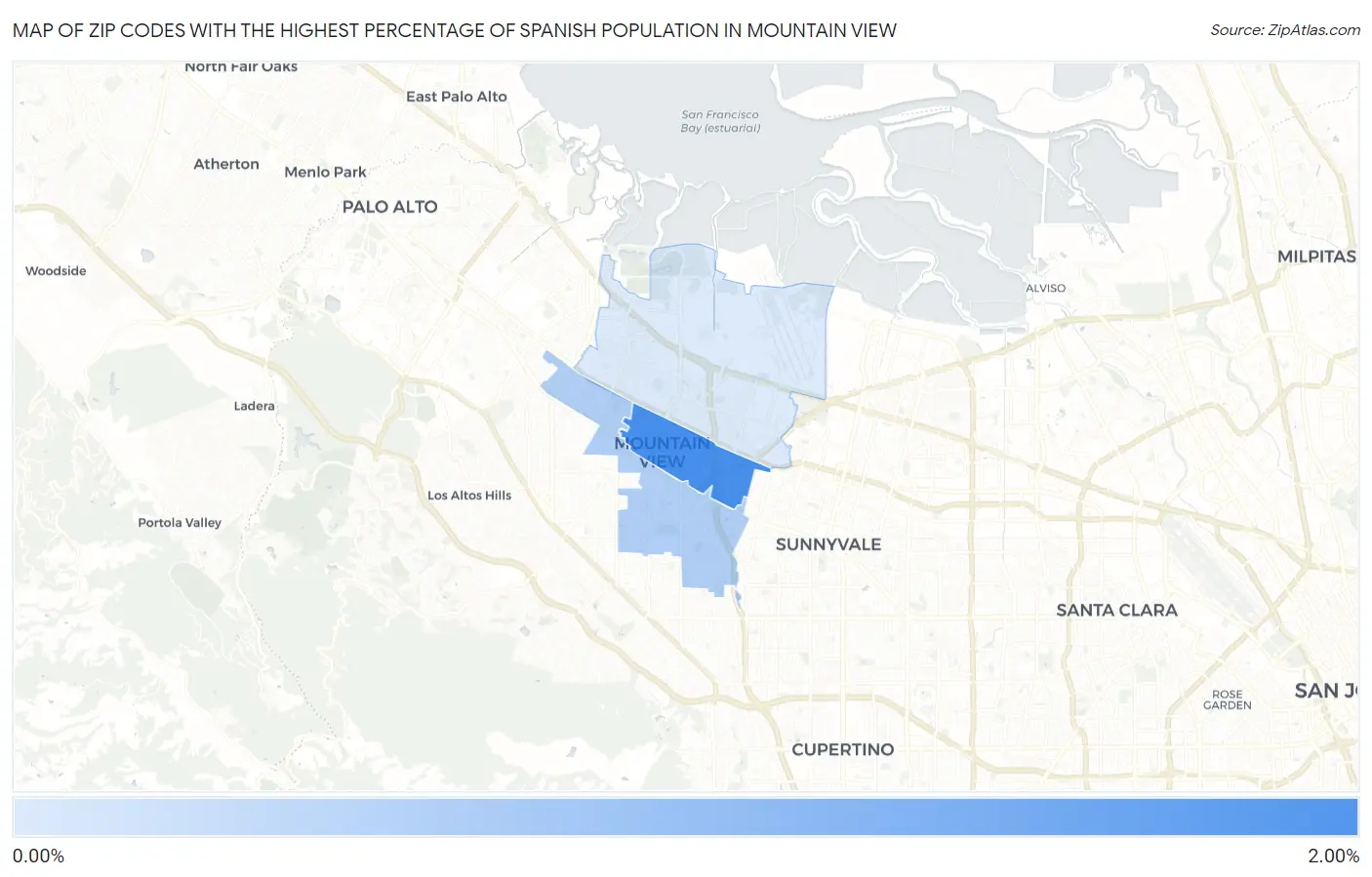 Zip Codes with the Highest Percentage of Spanish Population in Mountain View Map