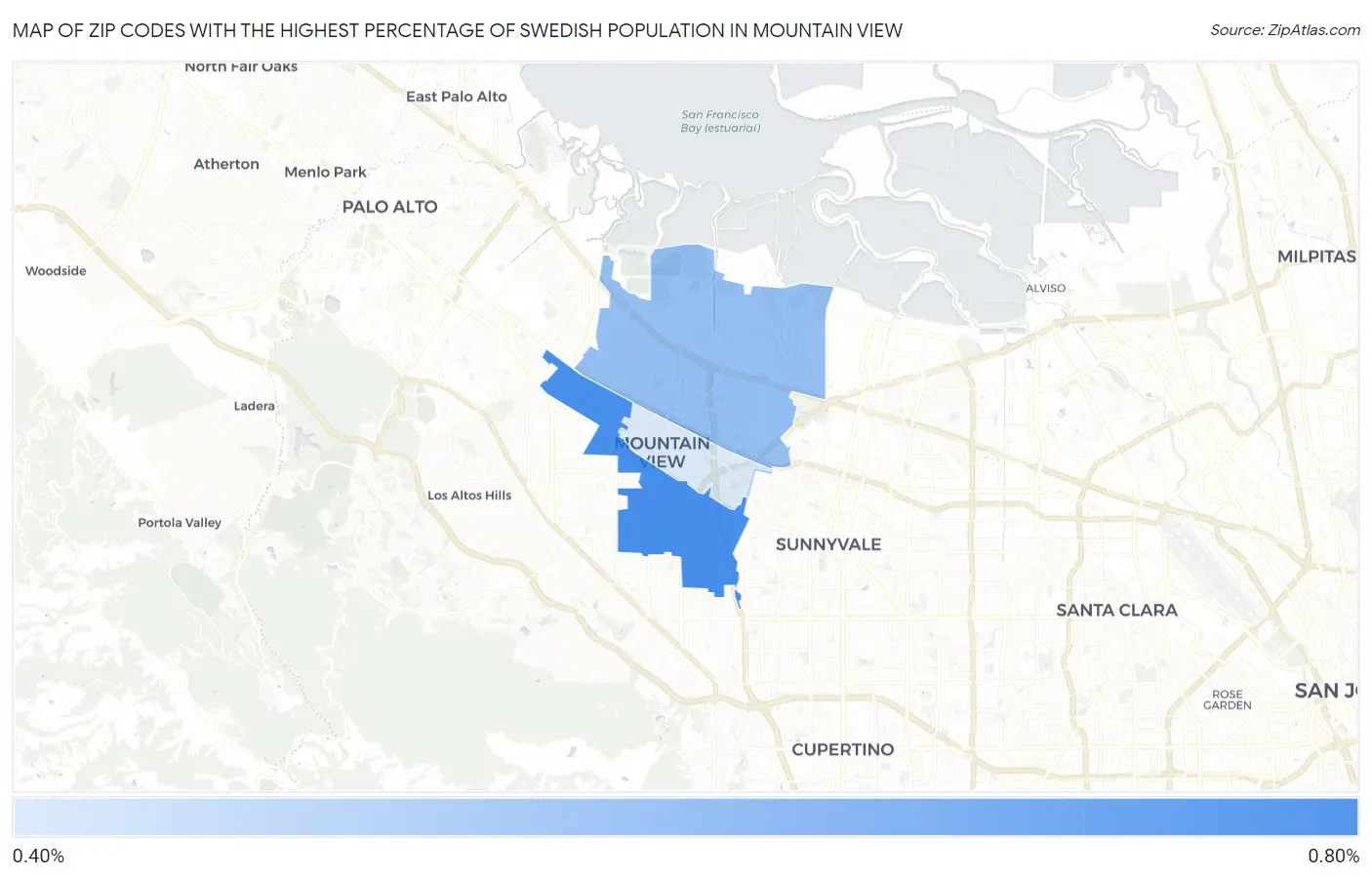 Zip Codes with the Highest Percentage of Swedish Population in Mountain View Map