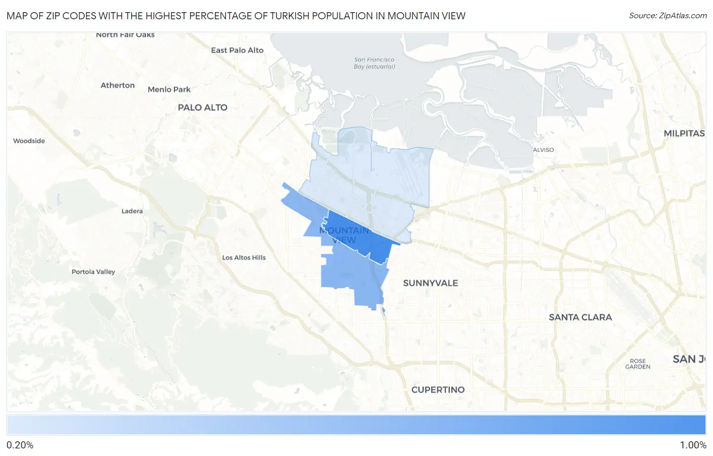 Zip Codes with the Highest Percentage of Turkish Population in Mountain View Map