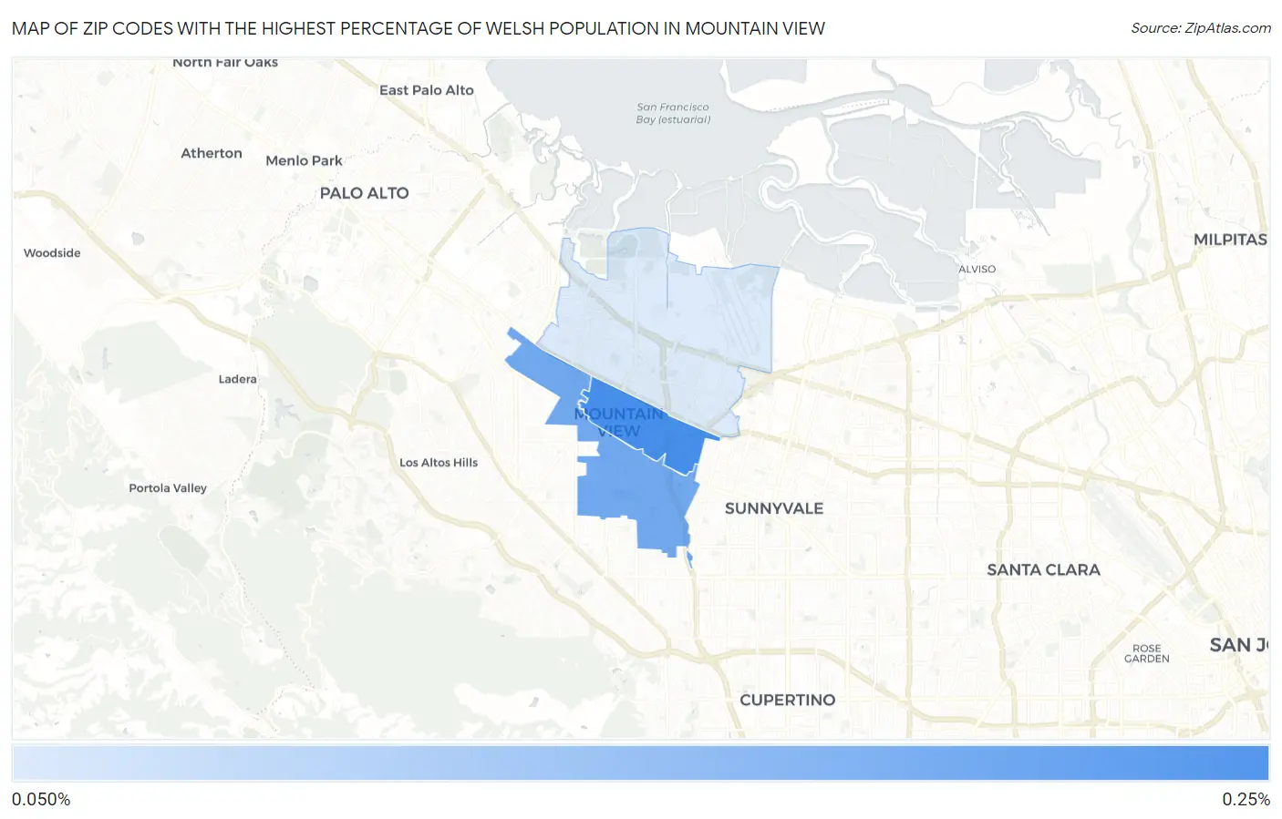 Zip Codes with the Highest Percentage of Welsh Population in Mountain View Map