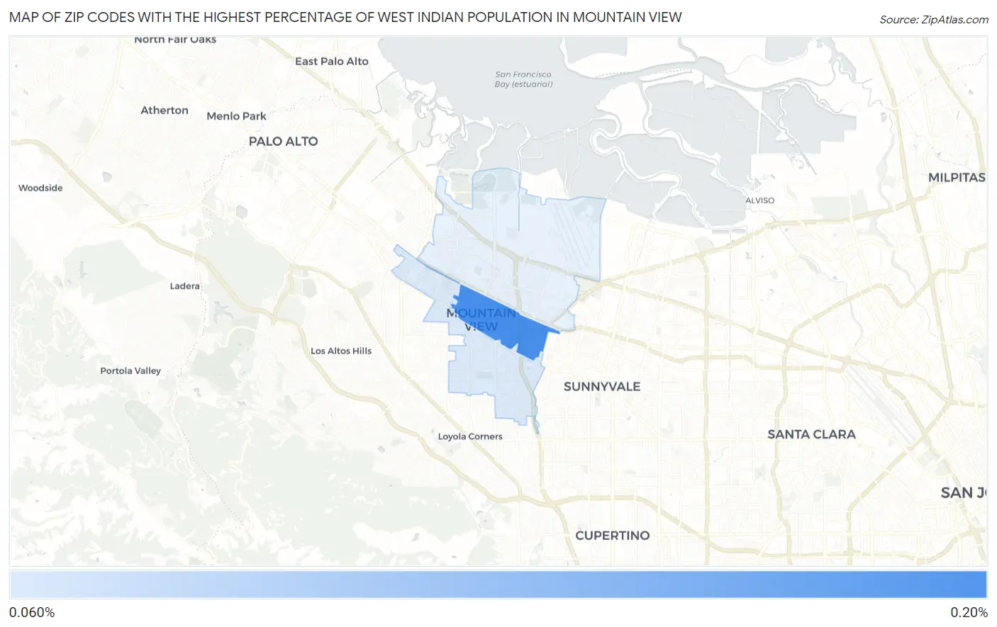 Zip Codes with the Highest Percentage of West Indian Population in Mountain View Map