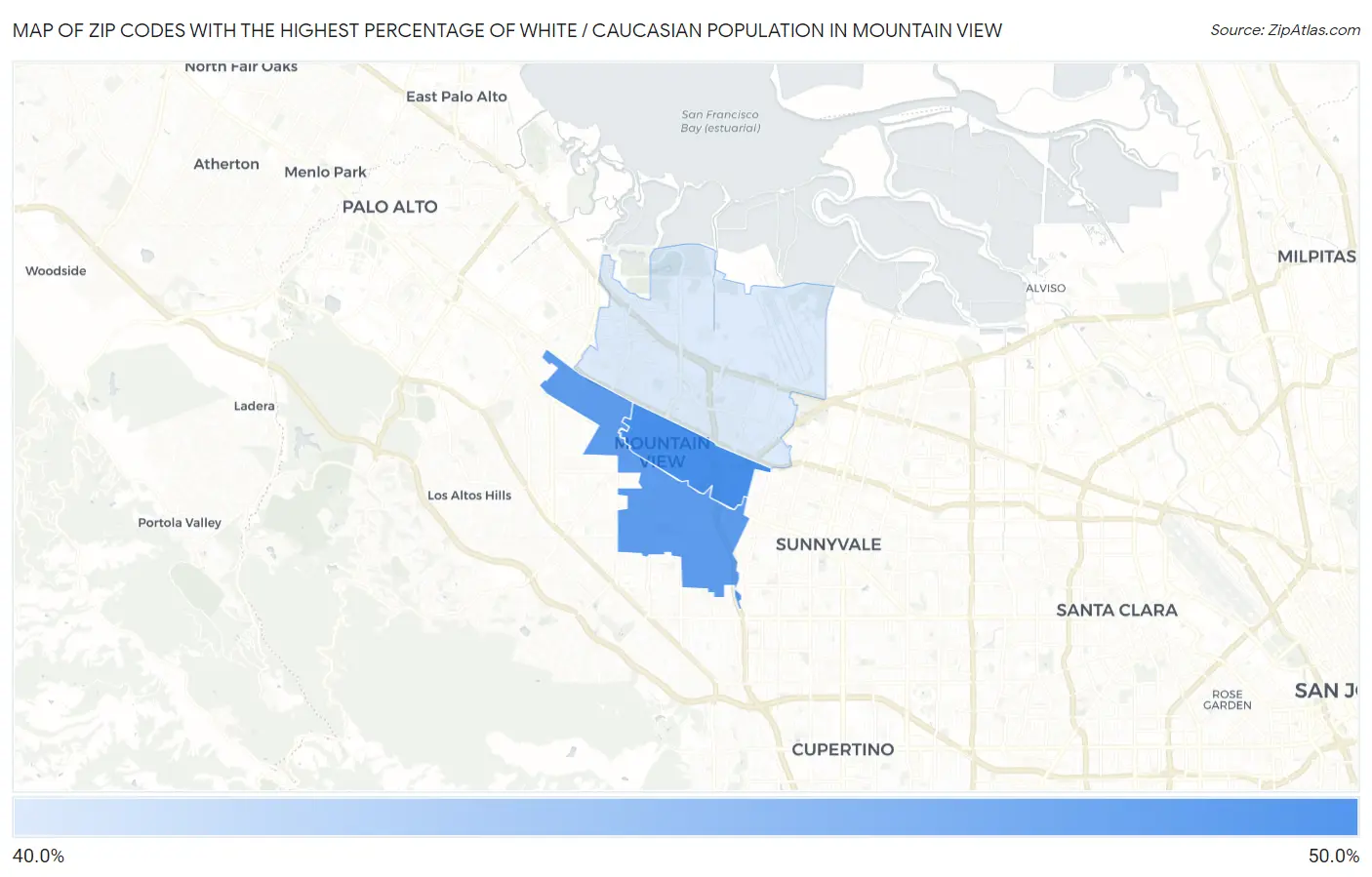 Zip Codes with the Highest Percentage of White / Caucasian Population in Mountain View Map