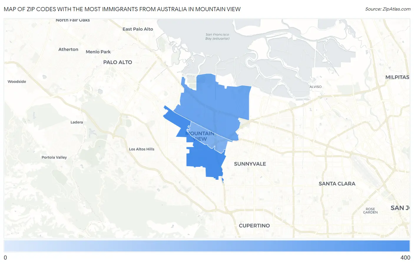 Zip Codes with the Most Immigrants from Australia in Mountain View Map
