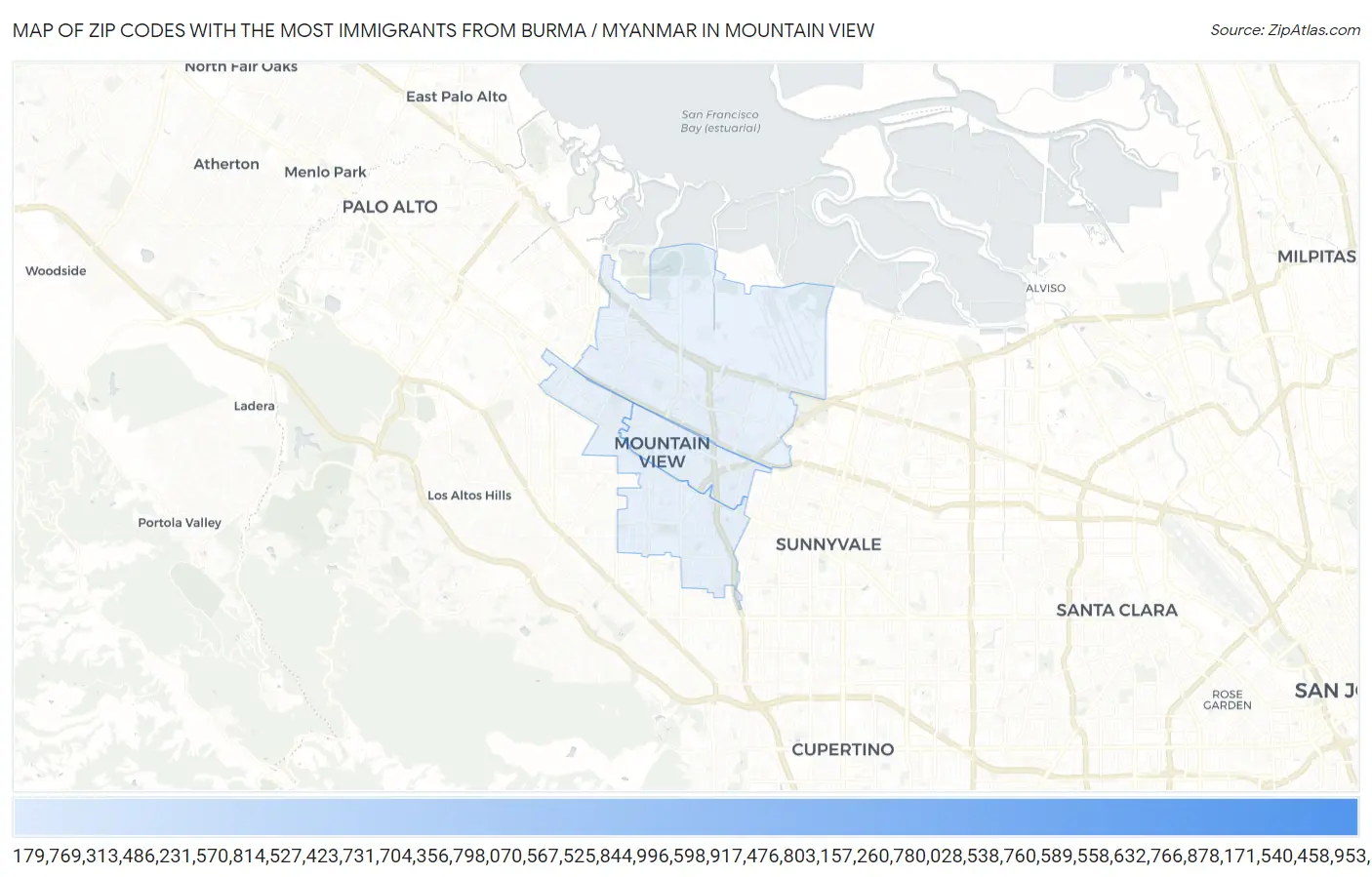 Zip Codes with the Most Immigrants from Burma / Myanmar in Mountain View Map