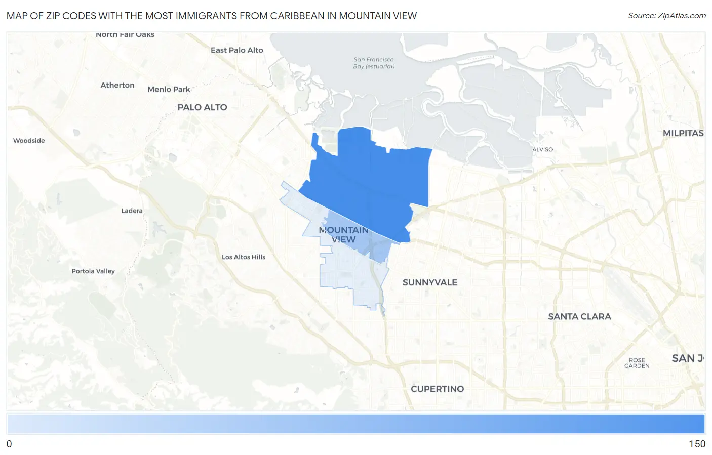 Zip Codes with the Most Immigrants from Caribbean in Mountain View Map