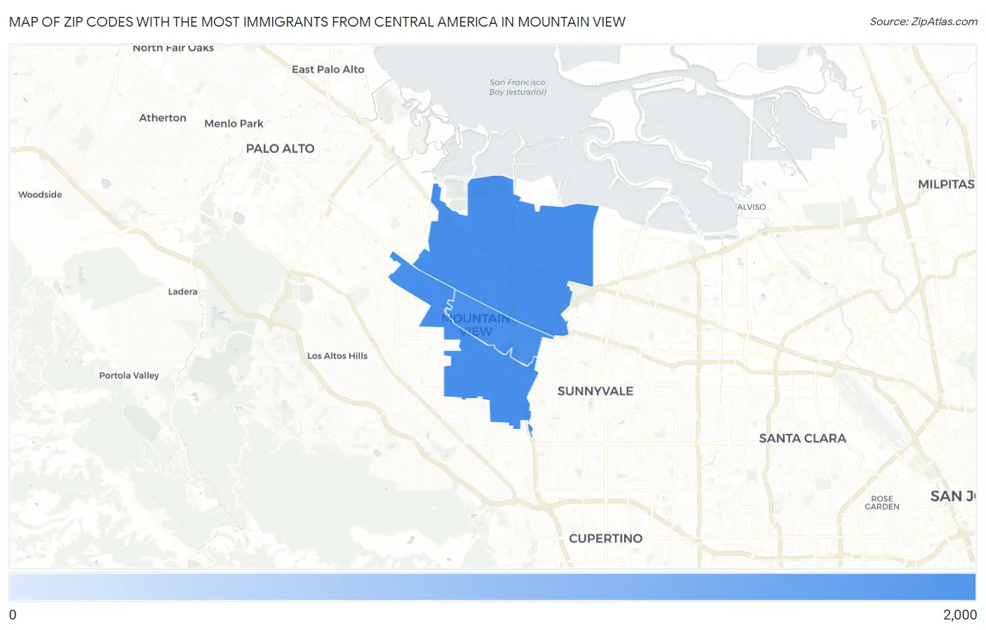Zip Codes with the Most Immigrants from Central America in Mountain View Map