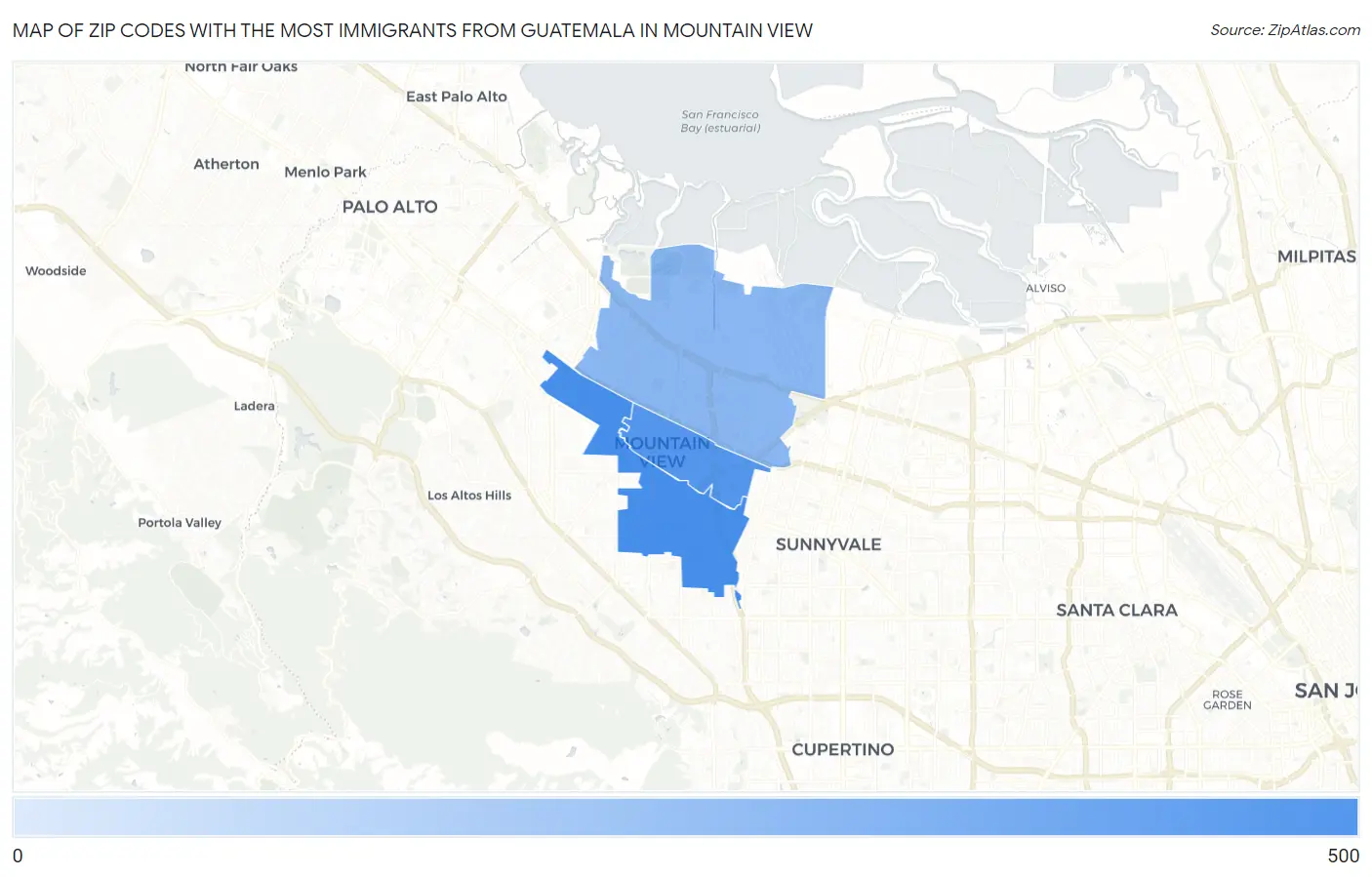 Zip Codes with the Most Immigrants from Guatemala in Mountain View Map