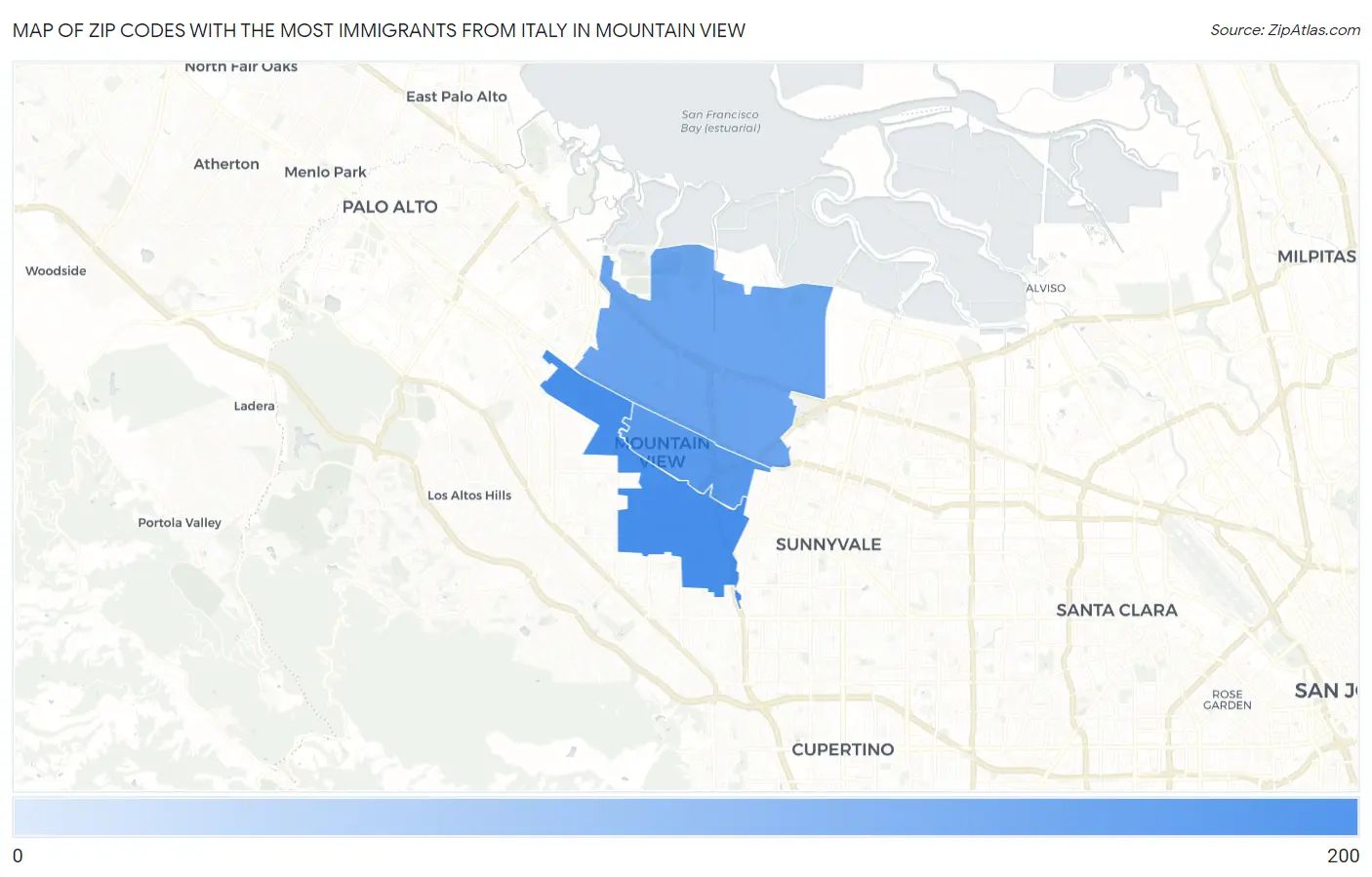 Zip Codes with the Most Immigrants from Italy in Mountain View Map