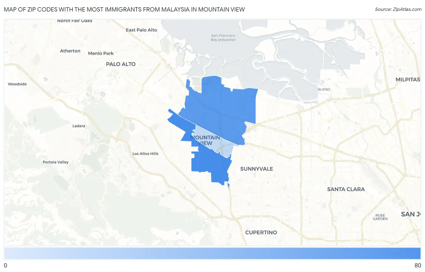 Zip Codes with the Most Immigrants from Malaysia in Mountain View Map
