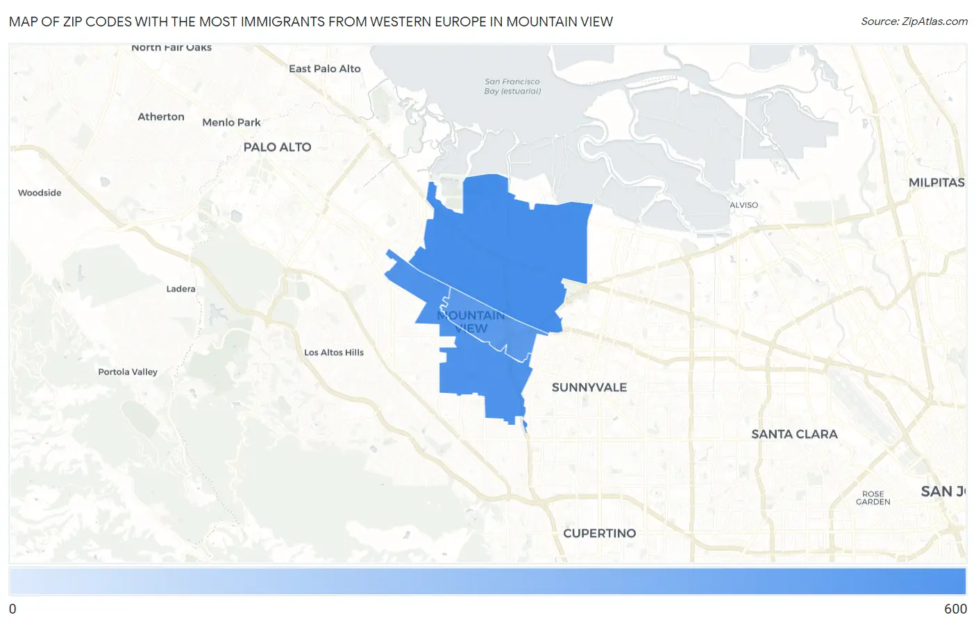 Zip Codes with the Most Immigrants from Western Europe in Mountain View Map