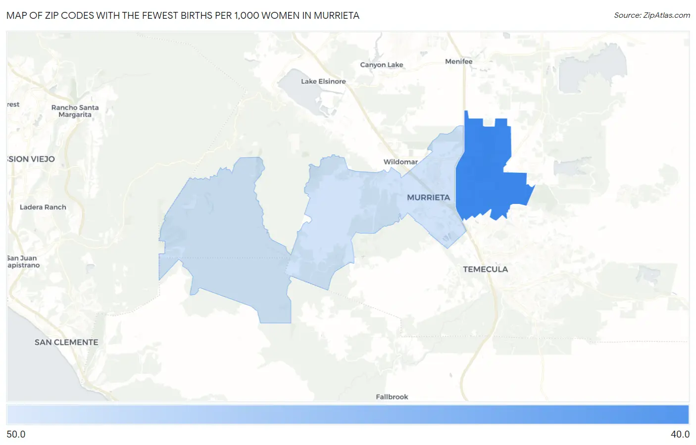 Zip Codes with the Fewest Births per 1,000 Women in Murrieta Map