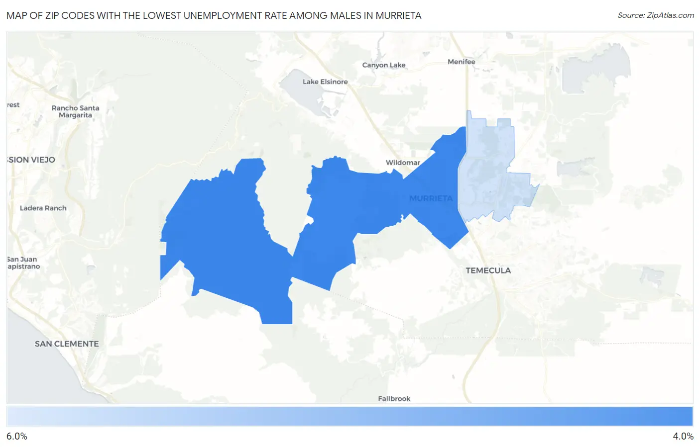 Zip Codes with the Lowest Unemployment Rate Among Males in Murrieta Map