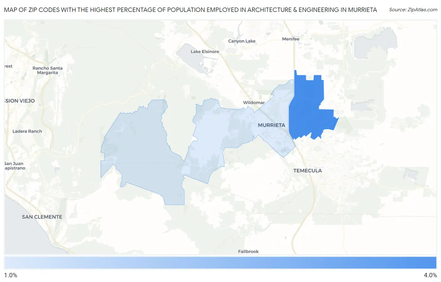 Zip Codes with the Highest Percentage of Population Employed in Architecture & Engineering in Murrieta Map