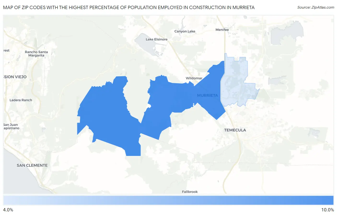 Zip Codes with the Highest Percentage of Population Employed in Construction in Murrieta Map