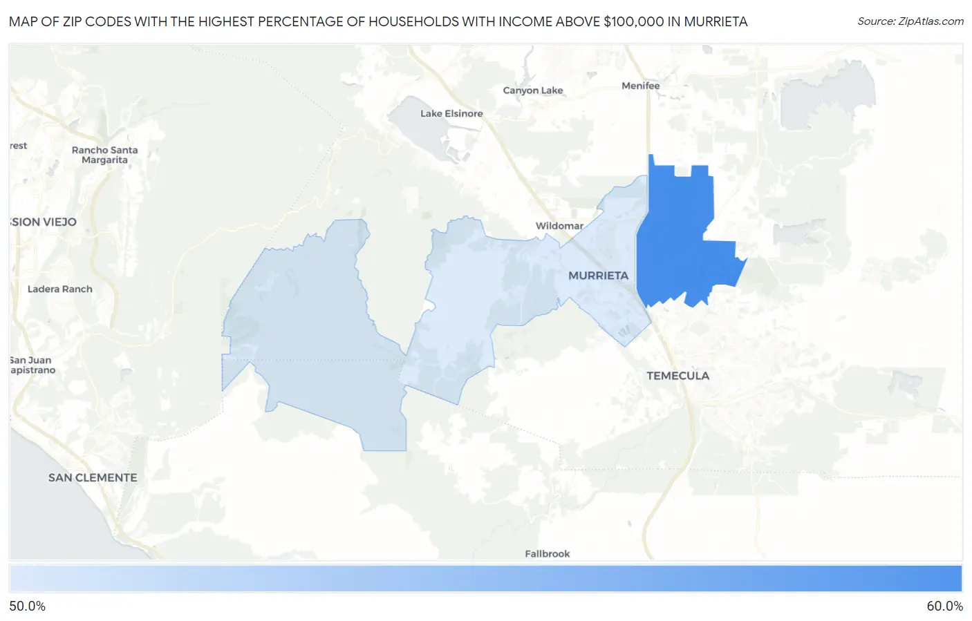 Zip Codes with the Highest Percentage of Households with Income Above $100,000 in Murrieta Map